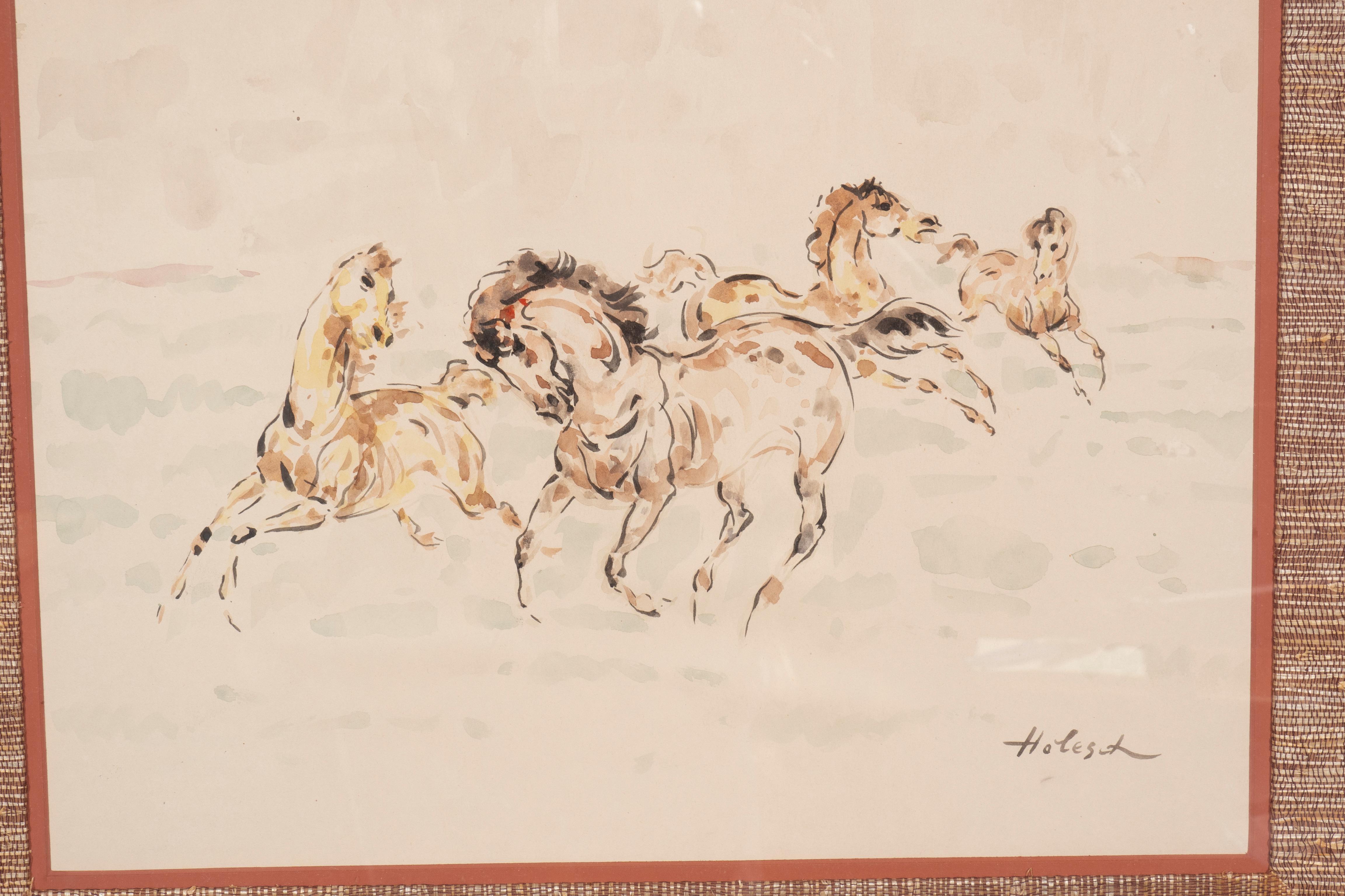Mid-20th Century Set Of Three Framed Equestrian Watercolors By Denes De Holesch For Sale