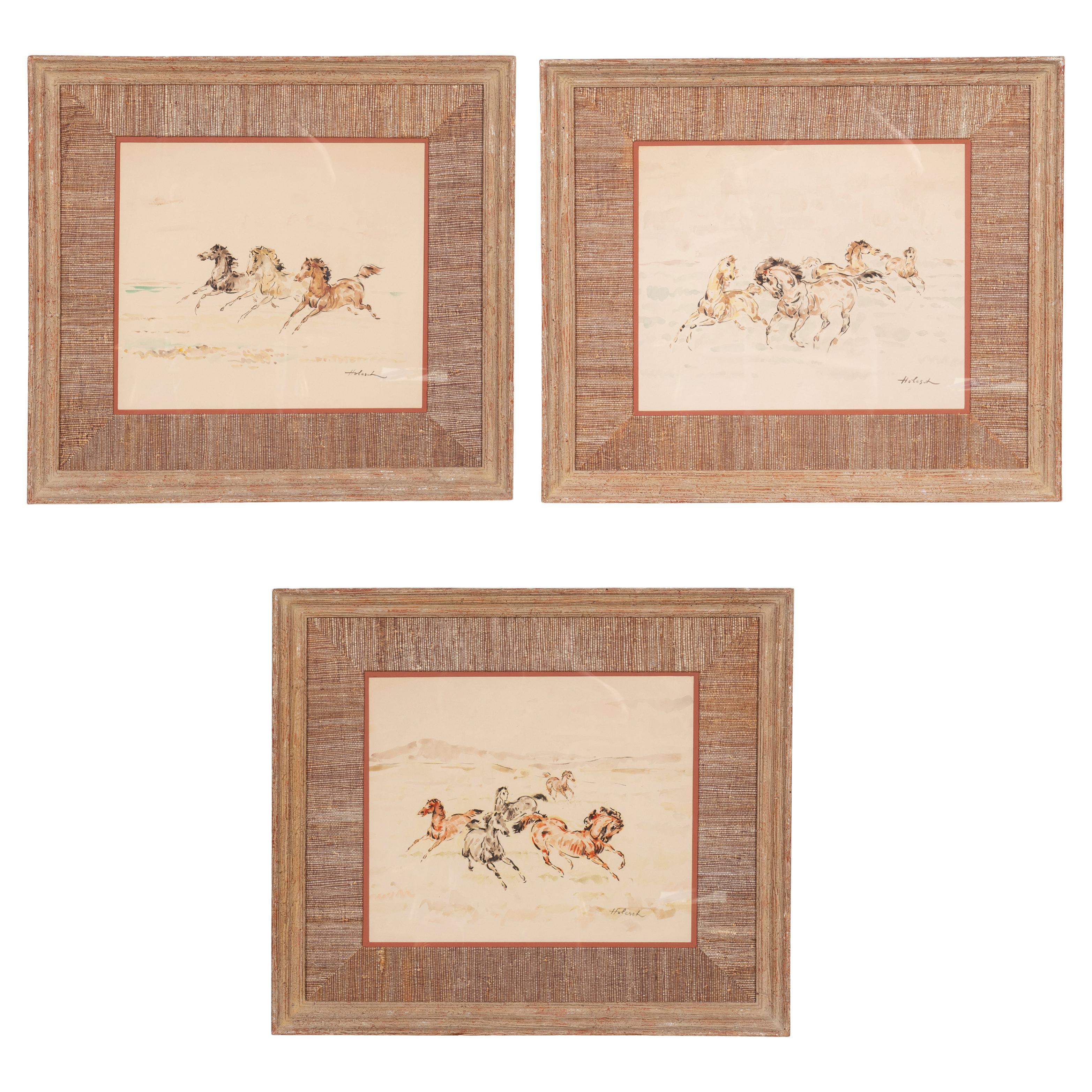 Set aus drei gerahmten Reiter-Aquarelle von Denes De Holesch
