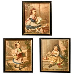 Set of Three Framed French Colored Lithographs of Three Young Girls, Early 1900s