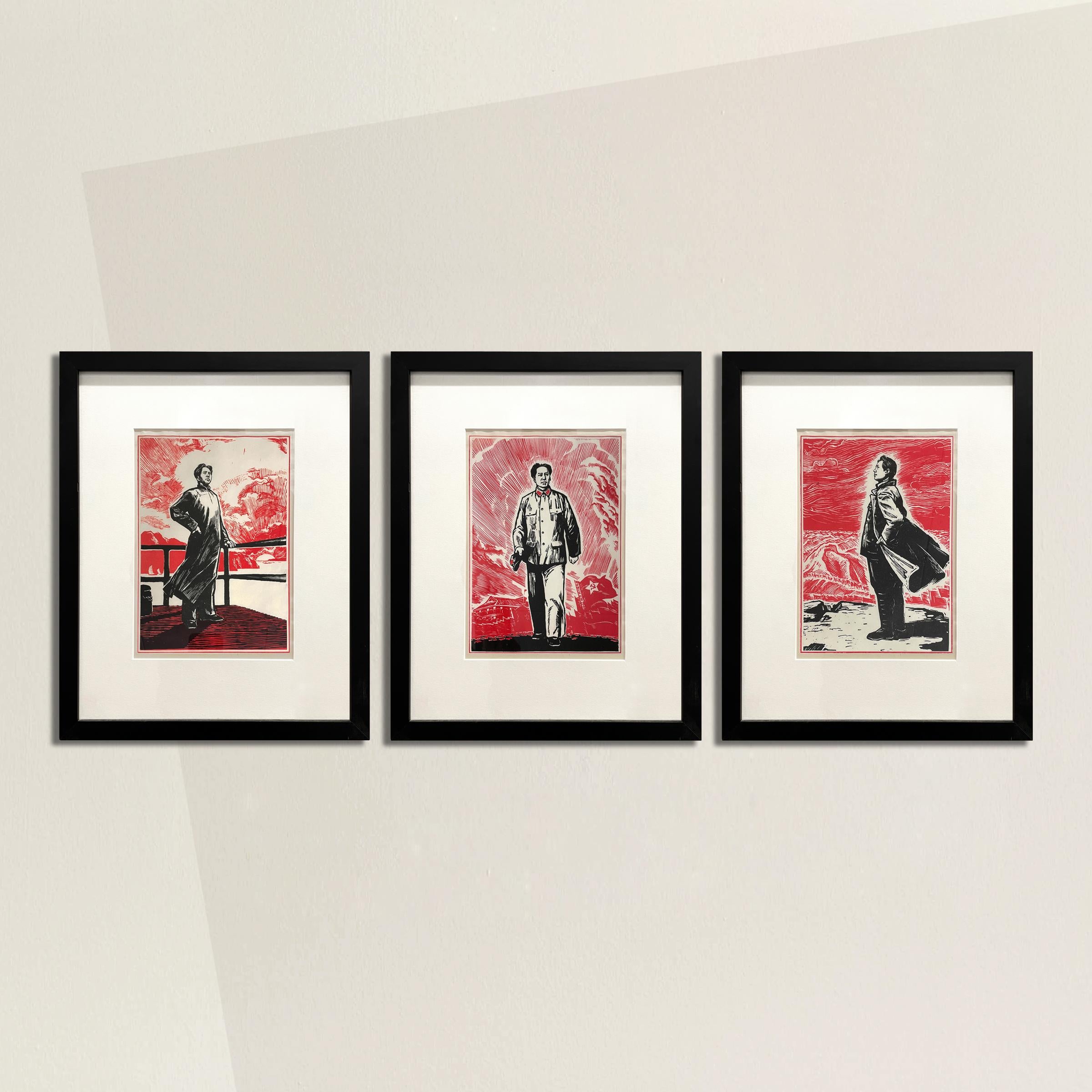 A striking set of three framed vintage Chinese woodblock prints from a book printed in the 1960s, each depicting a different phase of Chairman Mao Zedong's life. Propaganda ephemera becomes Pop Art portraiture à la Andy Warhol when presented out of