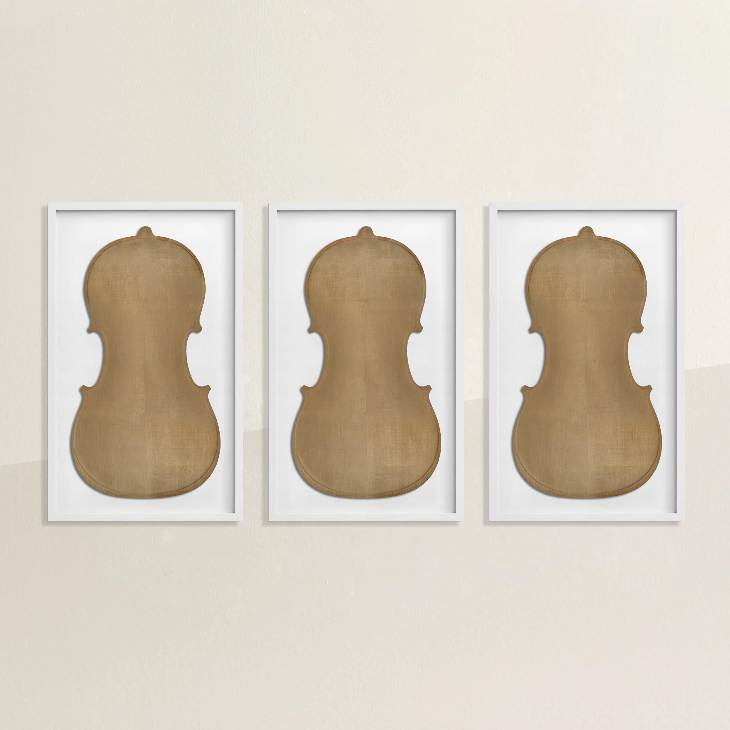 Ein bemerkenswerter Satz von drei italienischen Cello-Rückseiten des frühen 20. Jahrhunderts, die jeweils in einer tiefen Schattenbox mit einem einfachen weißen Galerierahmen eingefasst sind. Perfekt für den Liebhaber klassischer Musik in Ihrem