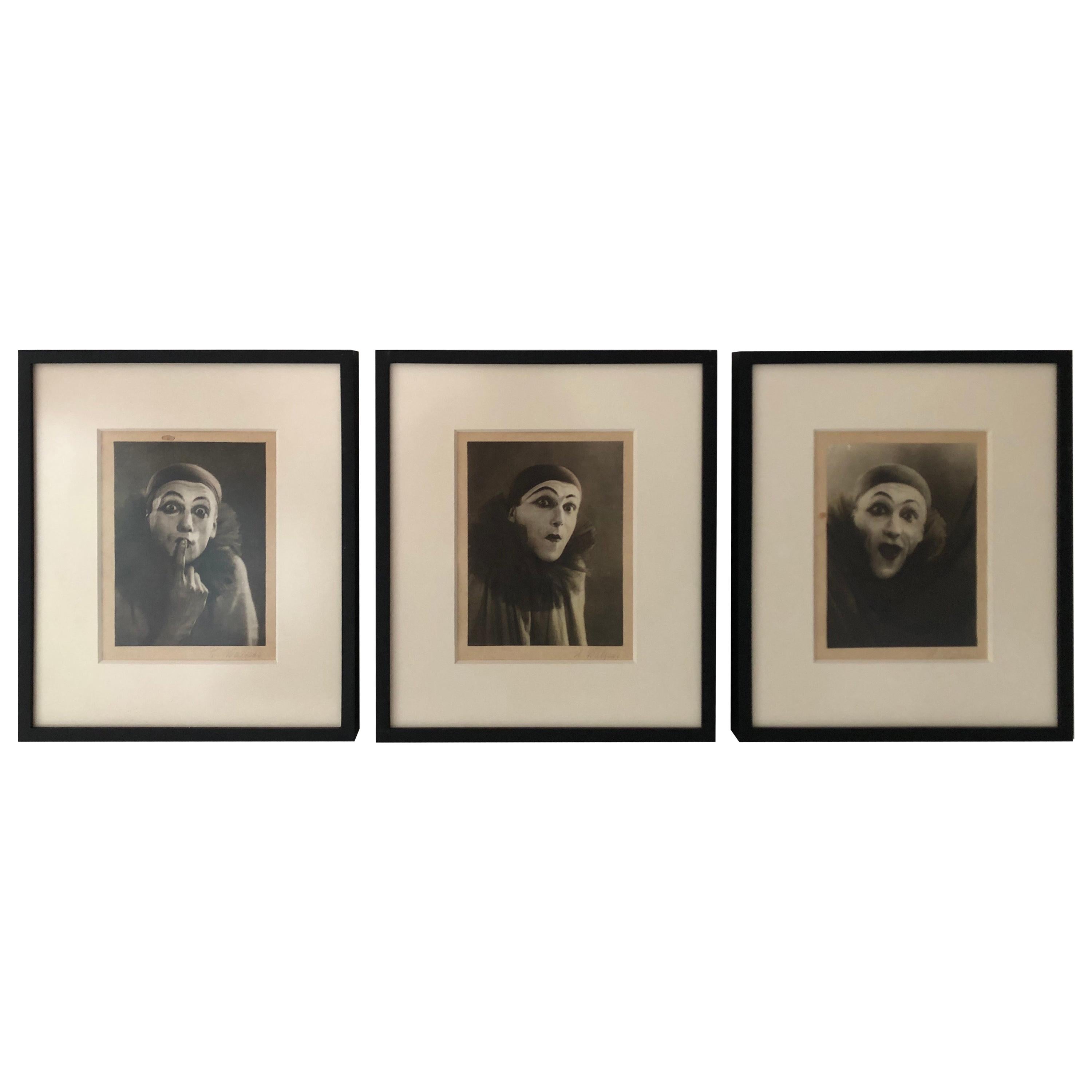 Set of Three Framed Vintage Portraits of a Mime