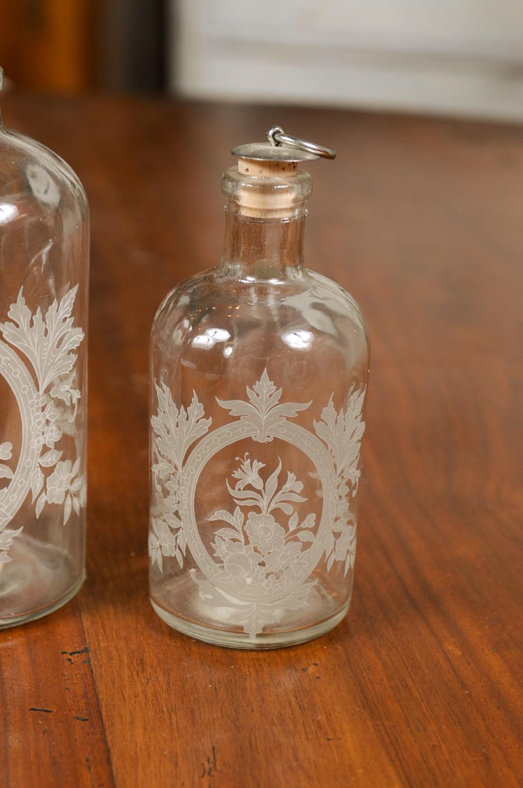 Set of Three French 19th Century Glass Vanity Bottles with Etched Floral Décor 7