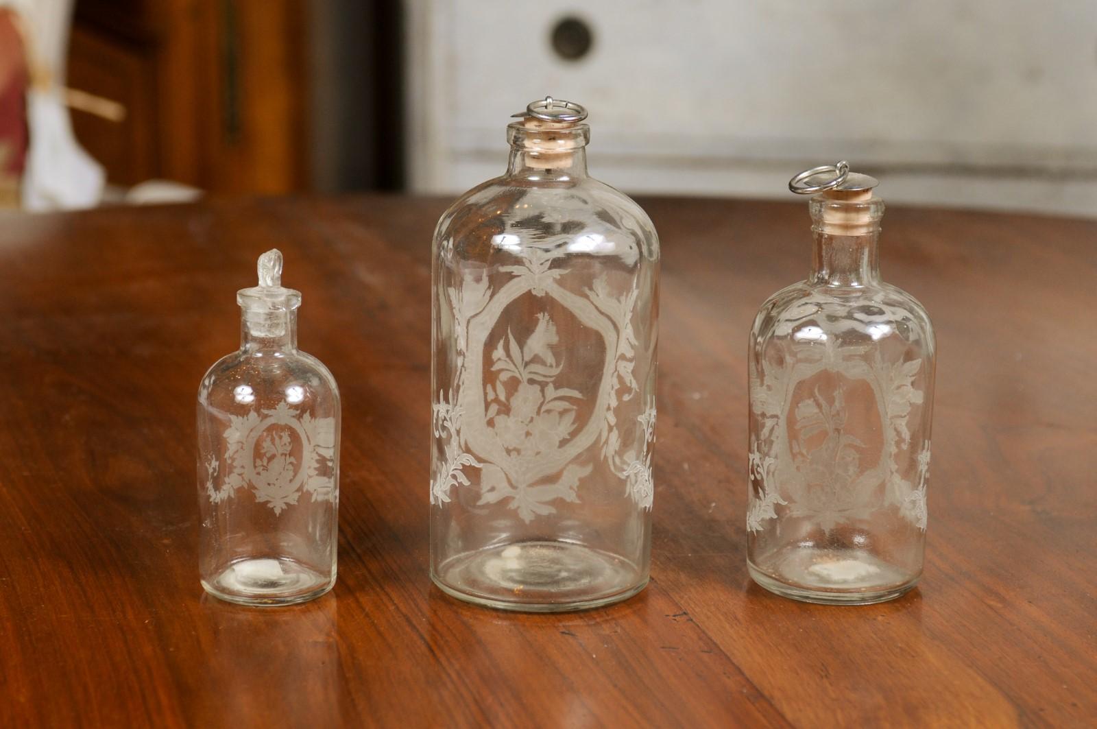 Set of Three French 19th Century Glass Vanity Bottles with Etched Floral Décor In Good Condition In Atlanta, GA