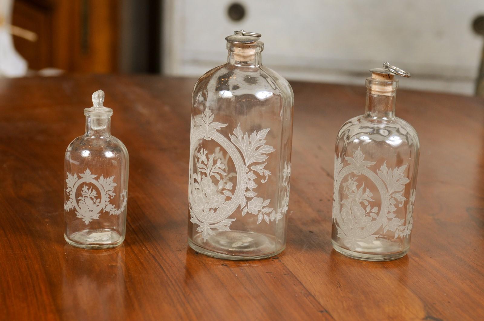 Set of Three French 19th Century Glass Vanity Bottles with Etched Floral Décor 2