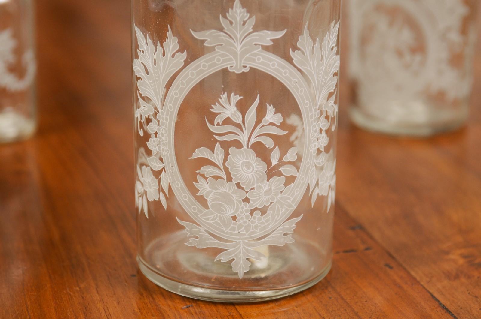 Set of Three French 19th Century Glass Vanity Bottles with Etched Floral Décor 3