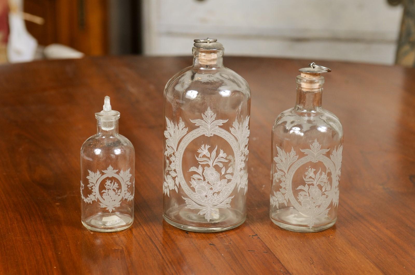 Set of Three French 19th Century Glass Vanity Bottles with Etched Floral Décor 5