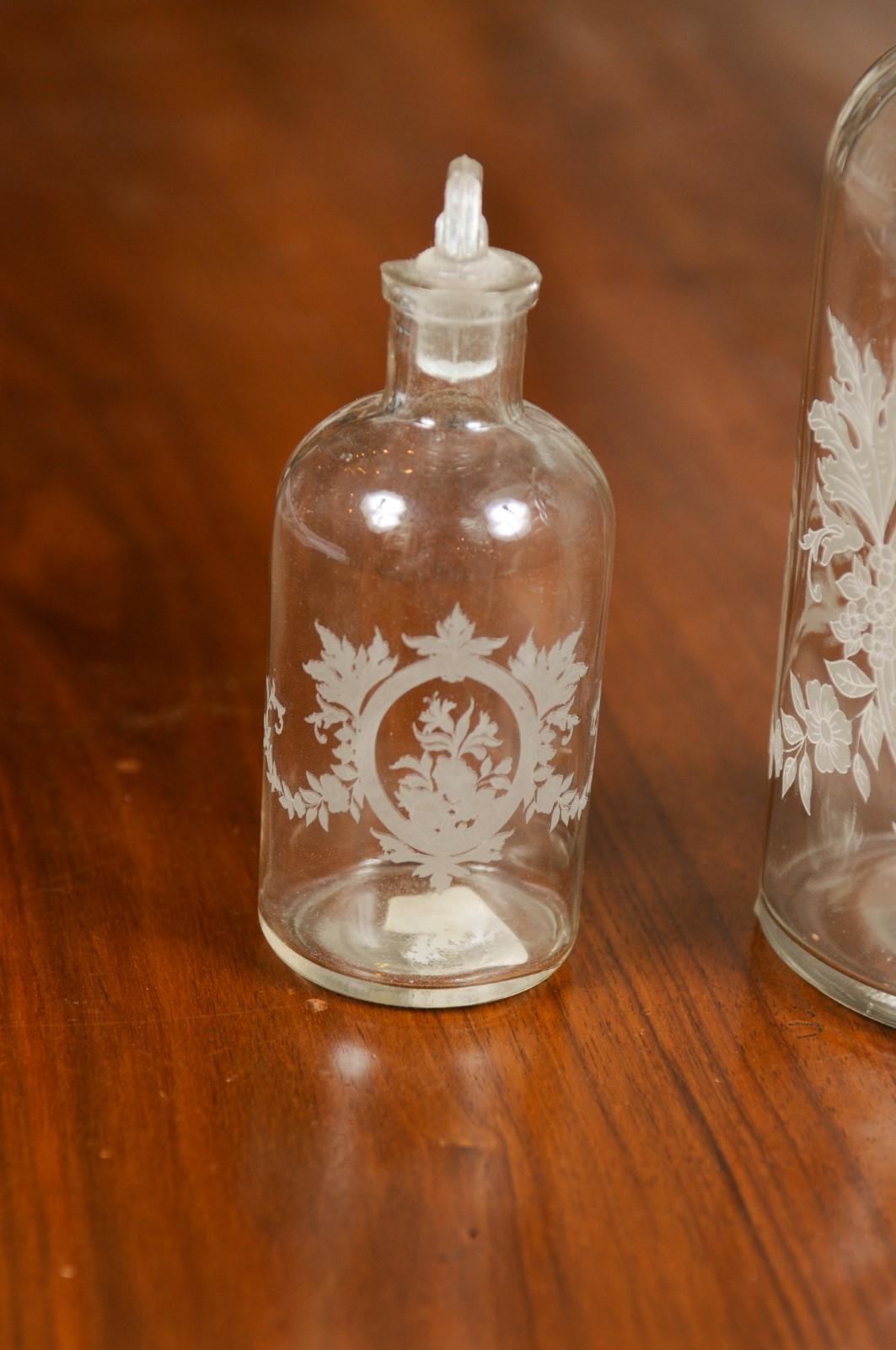 Set of Three French 19th Century Glass Vanity Bottles with Etched Floral Décor 6