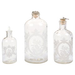 Antique Set of Three French 19th Century Glass Vanity Bottles with Etched Floral Décor