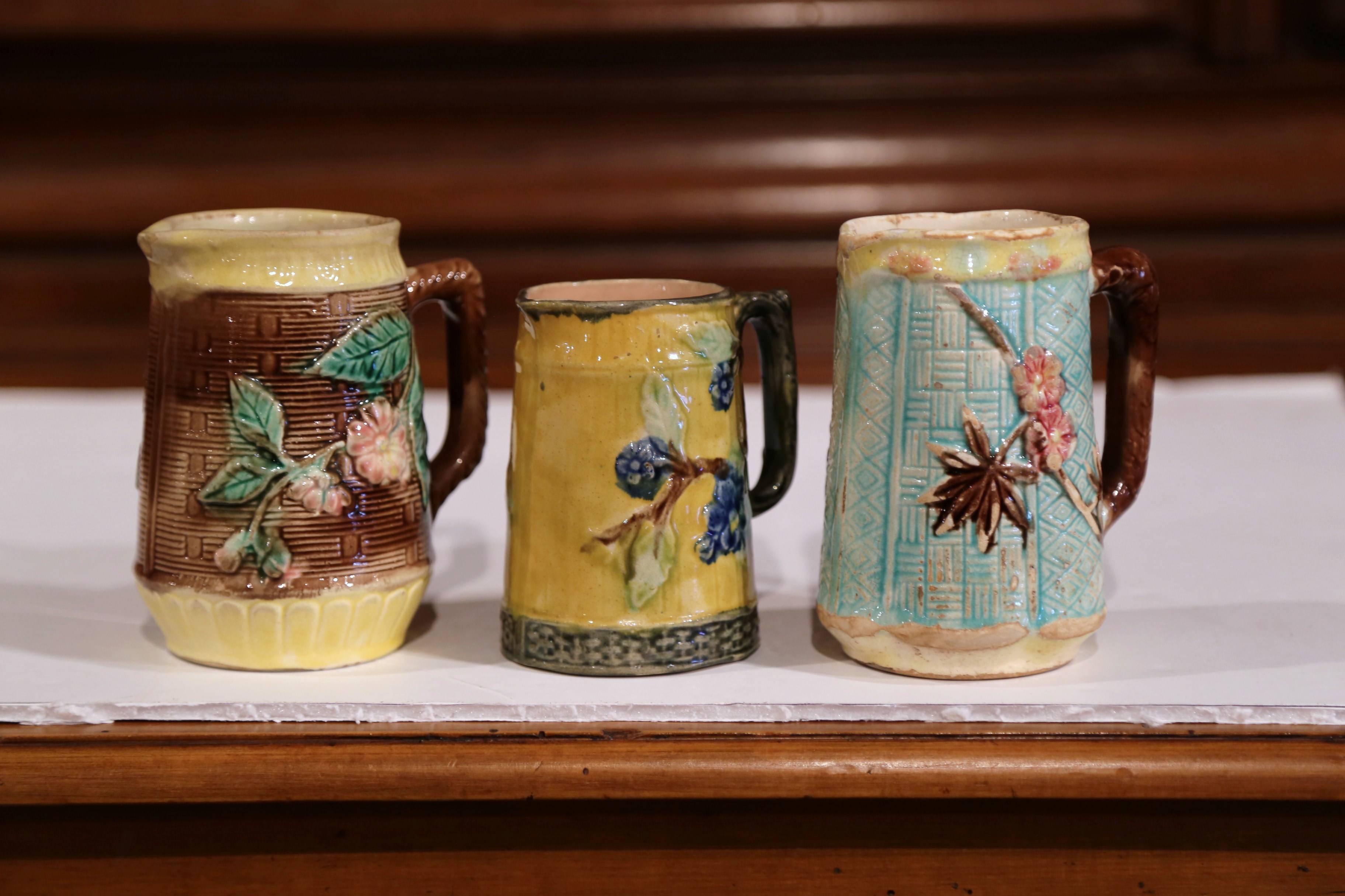 Hand-Painted 19th Century French Hand Painted Ceramic Barbotine Pitchers Mugs, Set of Three