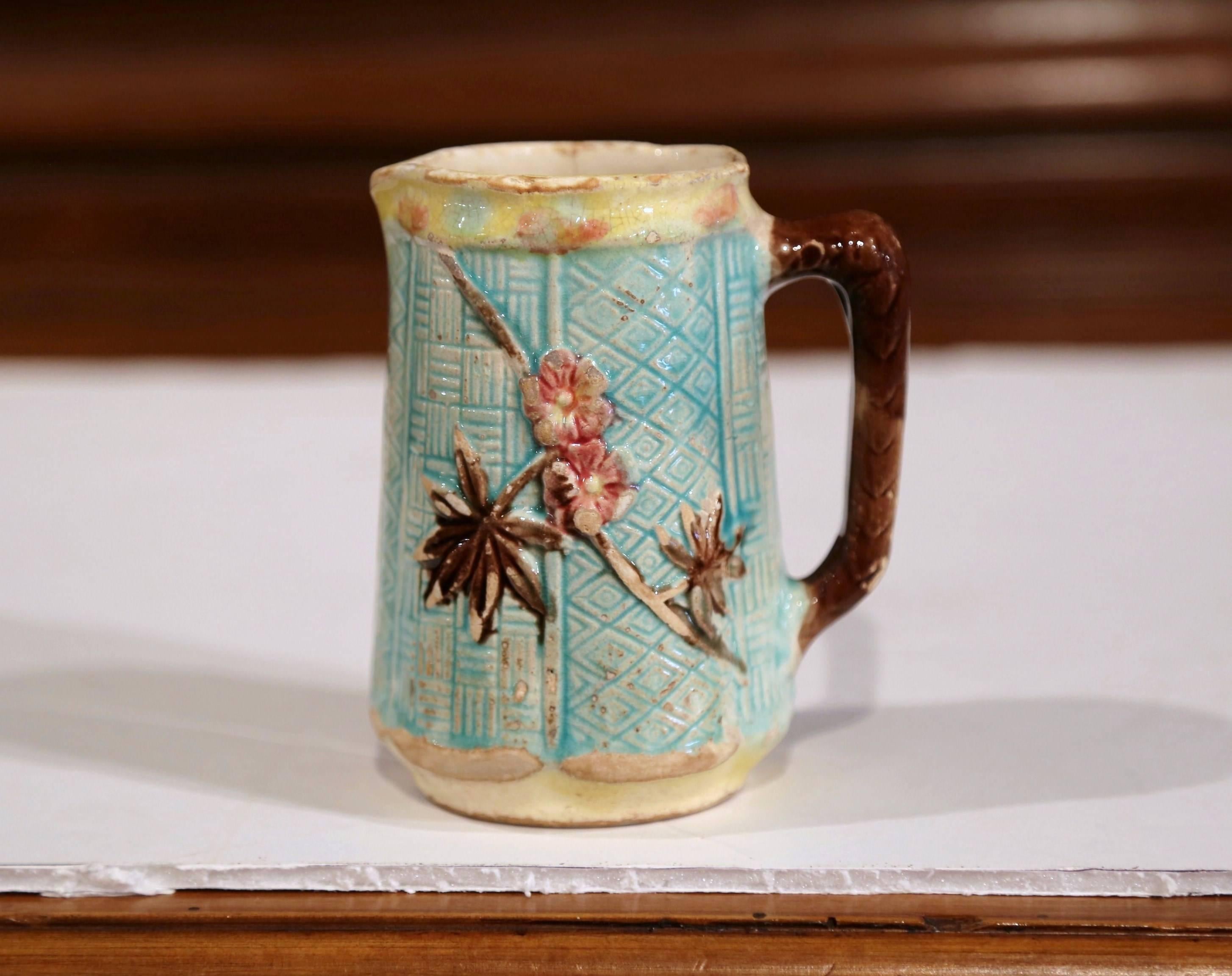 19th Century French Hand Painted Ceramic Barbotine Pitchers Mugs, Set of Three 1