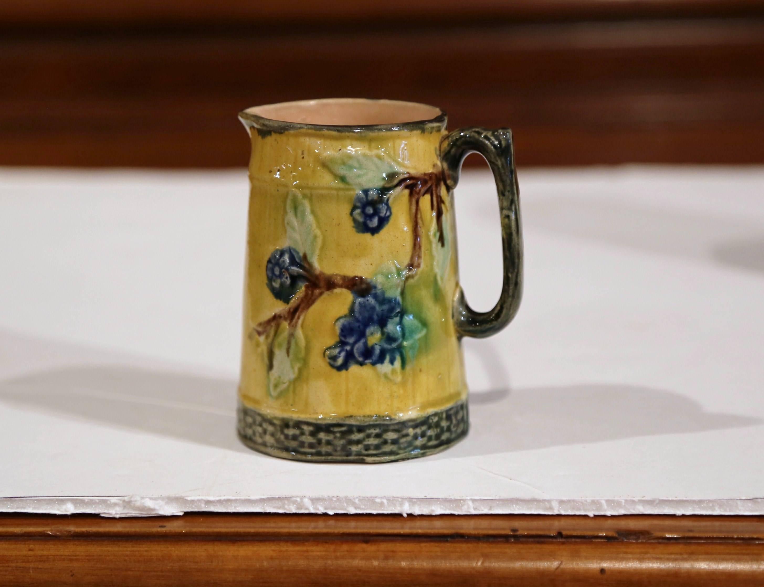 19th Century French Hand Painted Ceramic Barbotine Pitchers Mugs, Set of Three 2