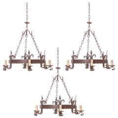 Antique Set of Three French 19th Century Iron Six-Light Chandeliers