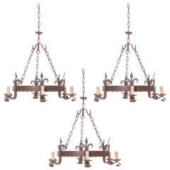 Set of Three French 19th Century Iron Six-Light Chandeliers