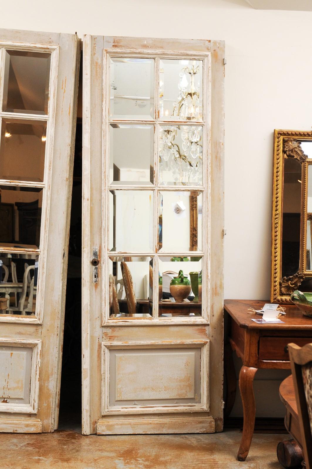 Set of Three French 20th Century Mirrored Doors with Distressed Painted Finish 3