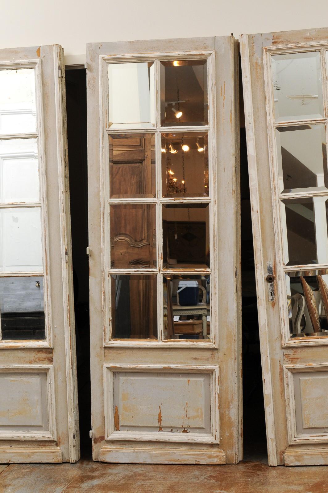 Set of Three French 20th Century Mirrored Doors with Distressed Painted Finish 4