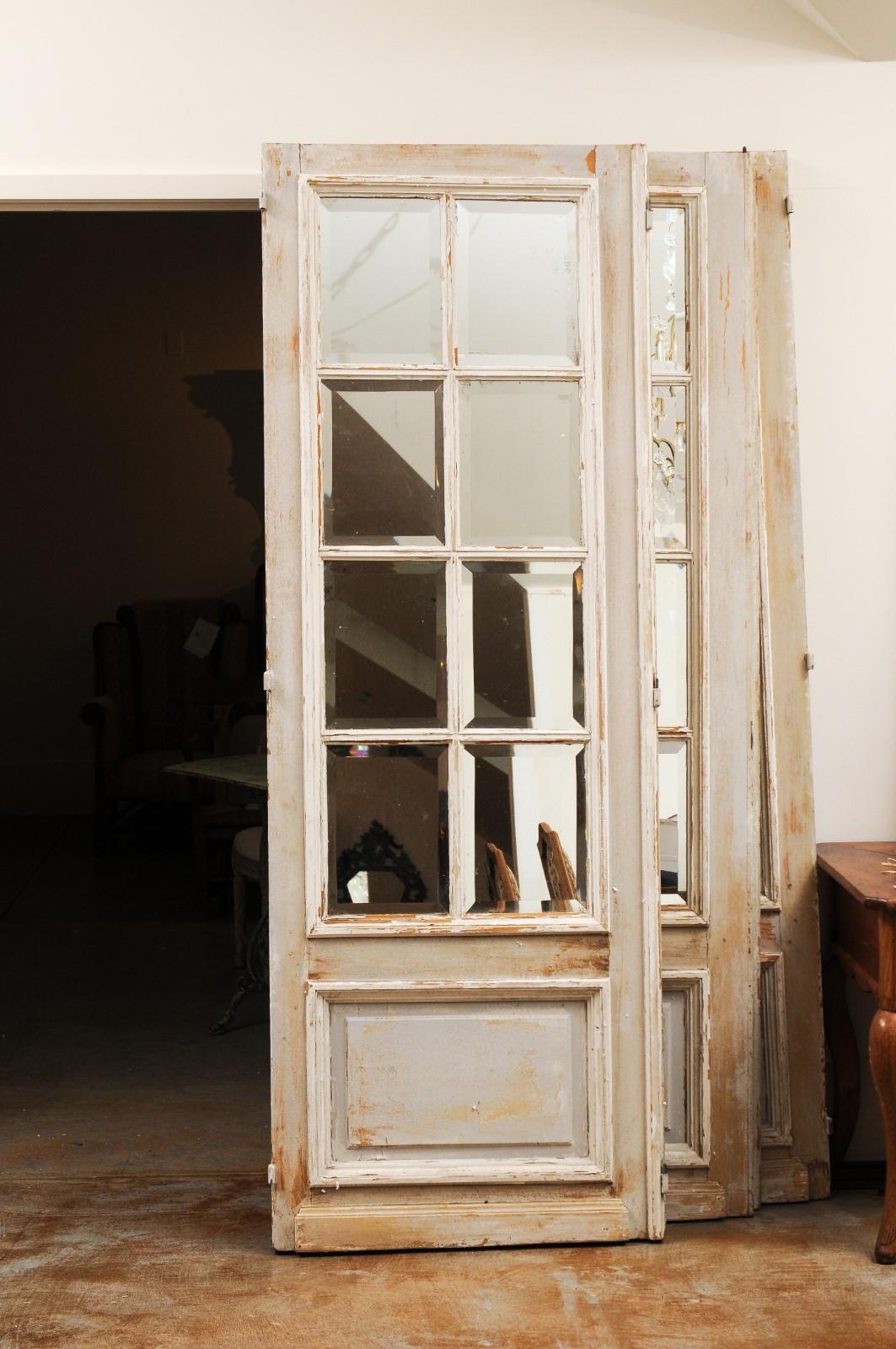 Set of Three French 20th Century Mirrored Doors with Distressed Painted Finish 5