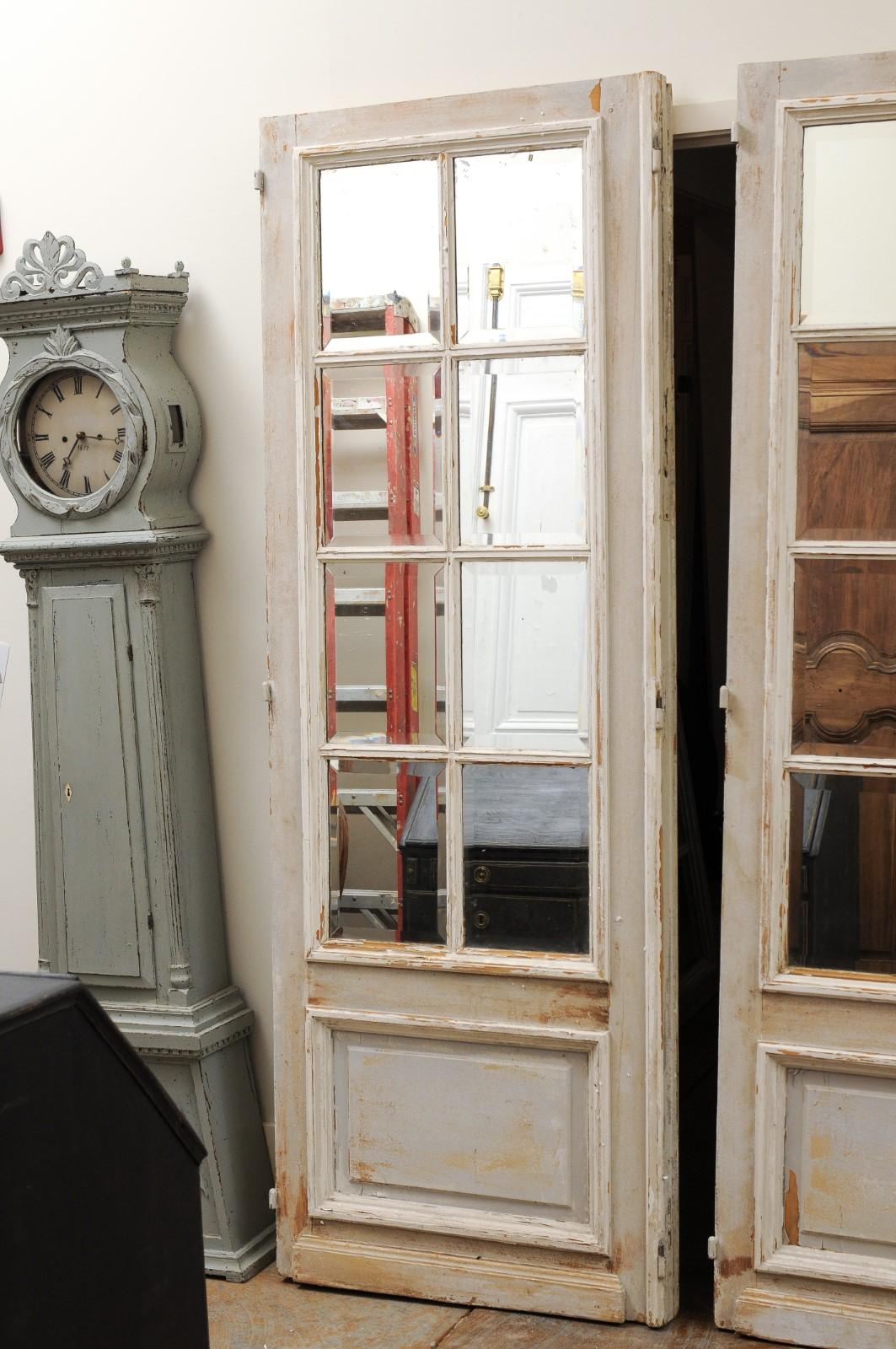 Set of Three French 20th Century Mirrored Doors with Distressed Painted Finish In Good Condition In Atlanta, GA