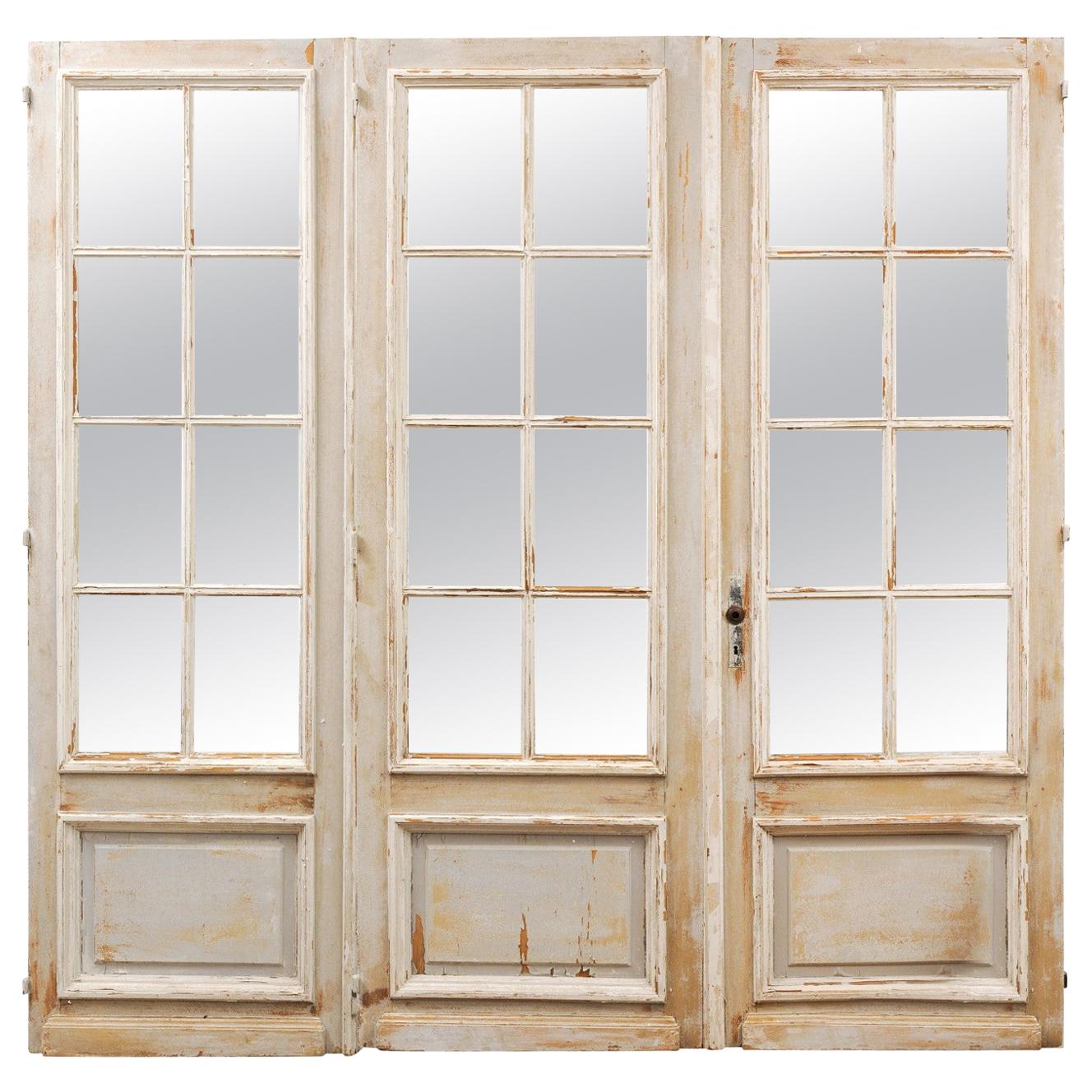 Set of Three French 20th Century Mirrored Doors with Distressed Painted Finish