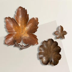 Set of Three French Alpine Carved Wood Leaf Bowls on Custom Wall Mounts