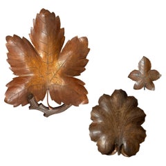 Set of Three French Alpine Carved Wood Leaf Bowls on Custom Wall Mounts