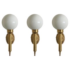 Set of Three French Art Deco Brass Opaline Glass Brass Torchiere Wall Sconces