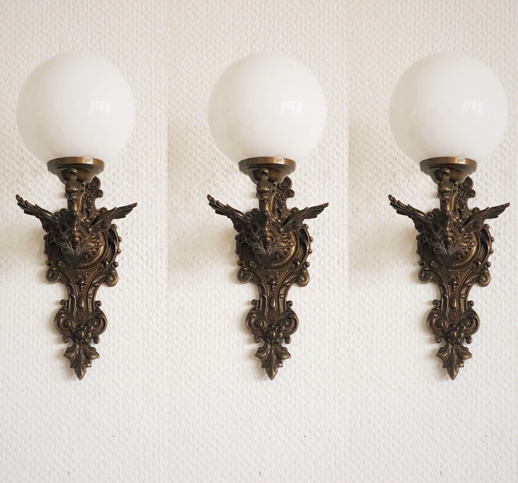 20th Century Set of Three French Art Deco Bronze Opaline Glass Wall Sconces, 1930s