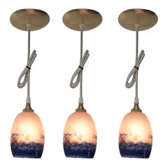 Antique Set of Three French Art Glass Shade Pendant Light by Degue