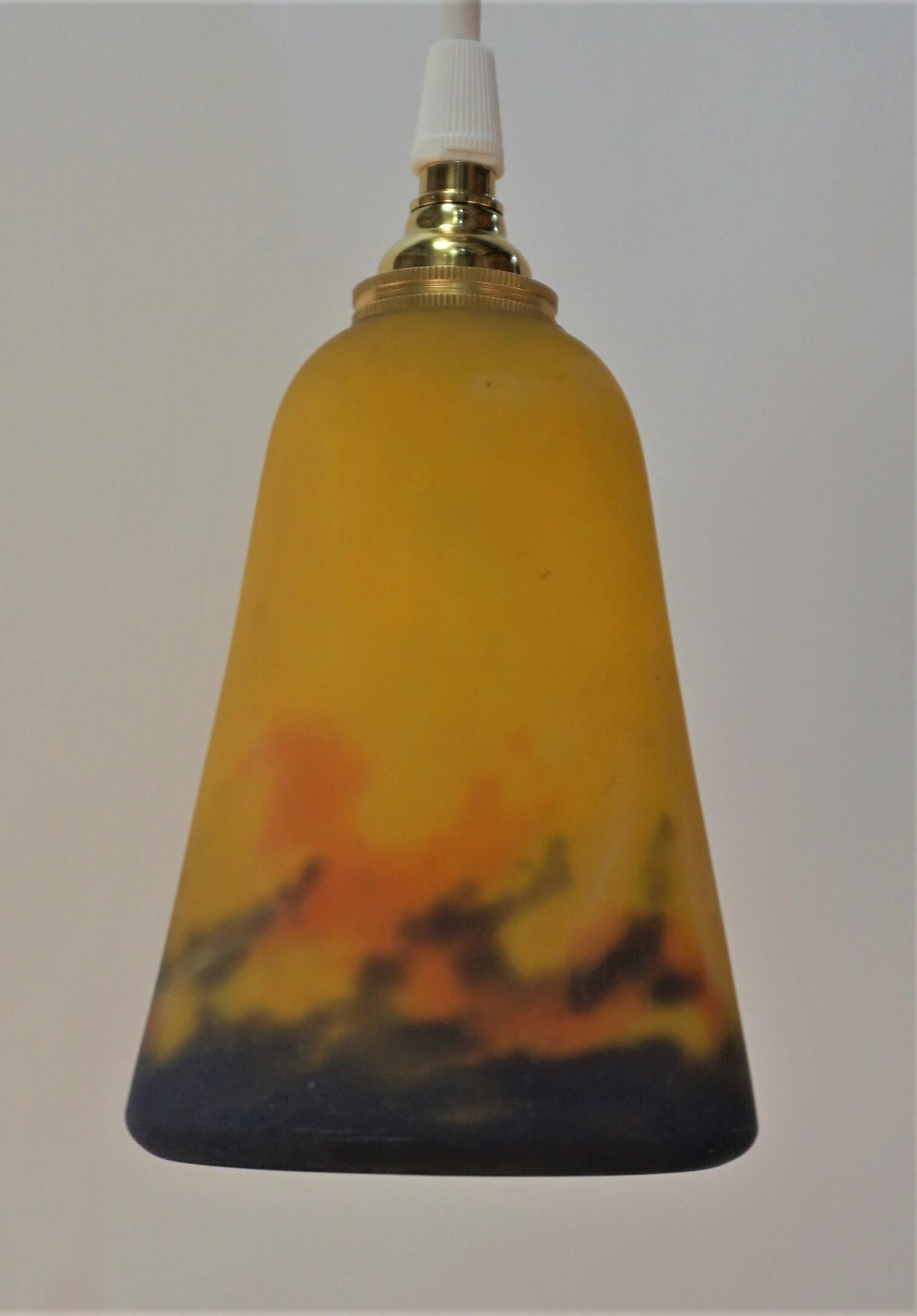 Early 20th Century Set of Three French Art Glass Shade Pendant Light by Muller Freres For Sale