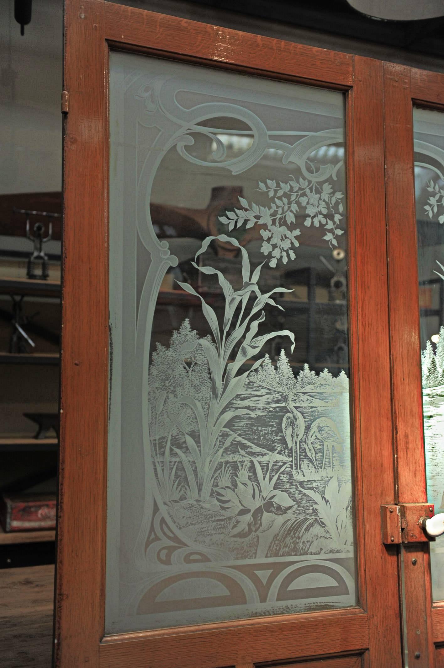 Carved Set of Three French Art Nouveau Craved Glass Inside Doors, circa 1900