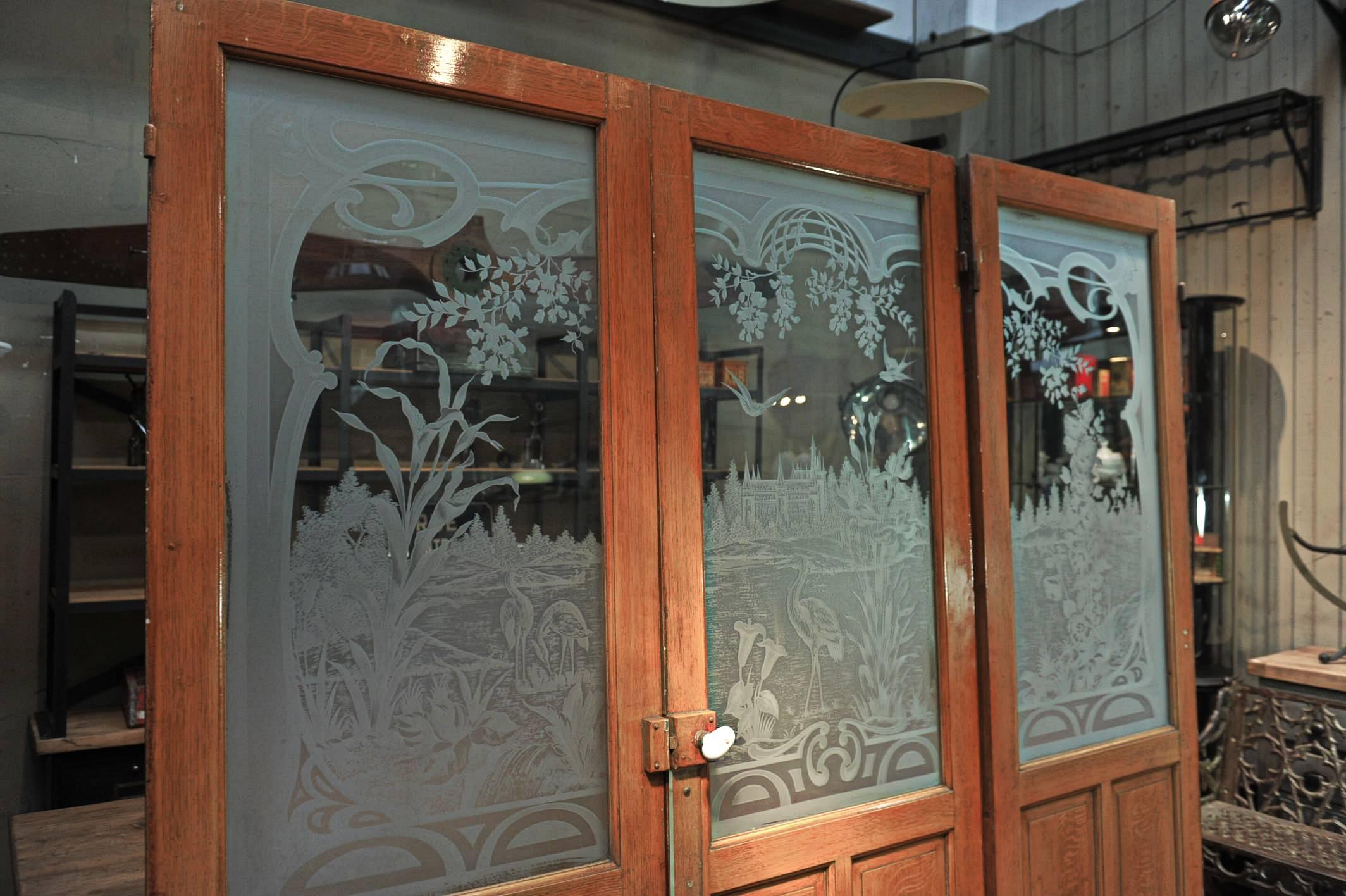 Early 20th Century Set of Three French Art Nouveau Craved Glass Inside Doors, circa 1900