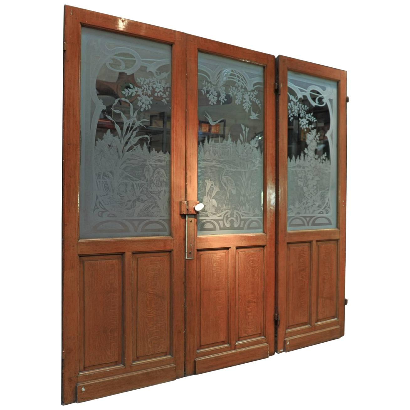 Set of Three French Art Nouveau Craved Glass Inside Doors, circa 1900