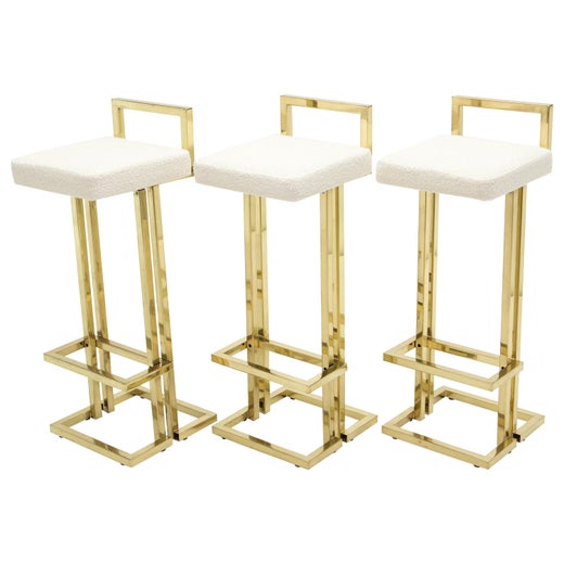 Four French Brass Bouclé Bar Stools, Black And Gold Bar Stools Set Of 4
