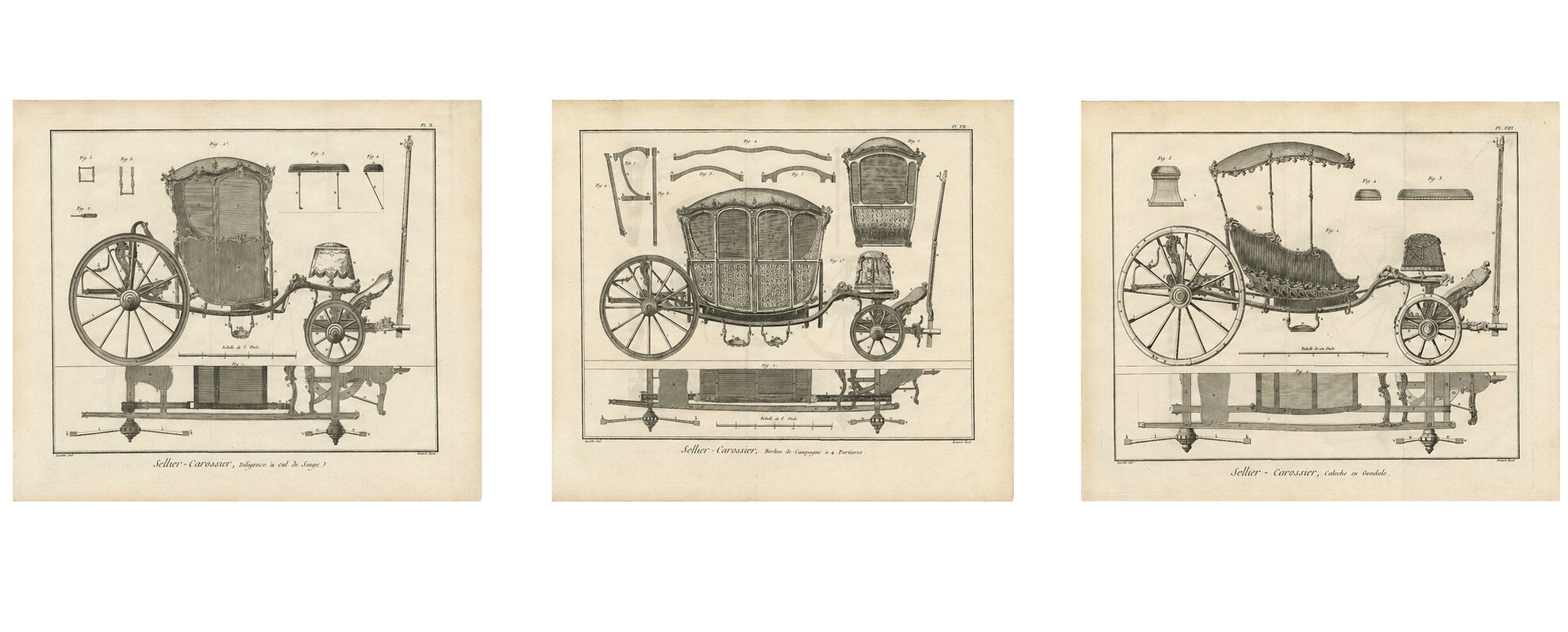 Set of Three French Carriage & Coachbuilding Engravings, 1771 For Sale