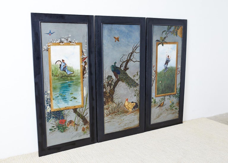 Set of Three French Chinoiserie Framed Canvas Paintings For Sale 8