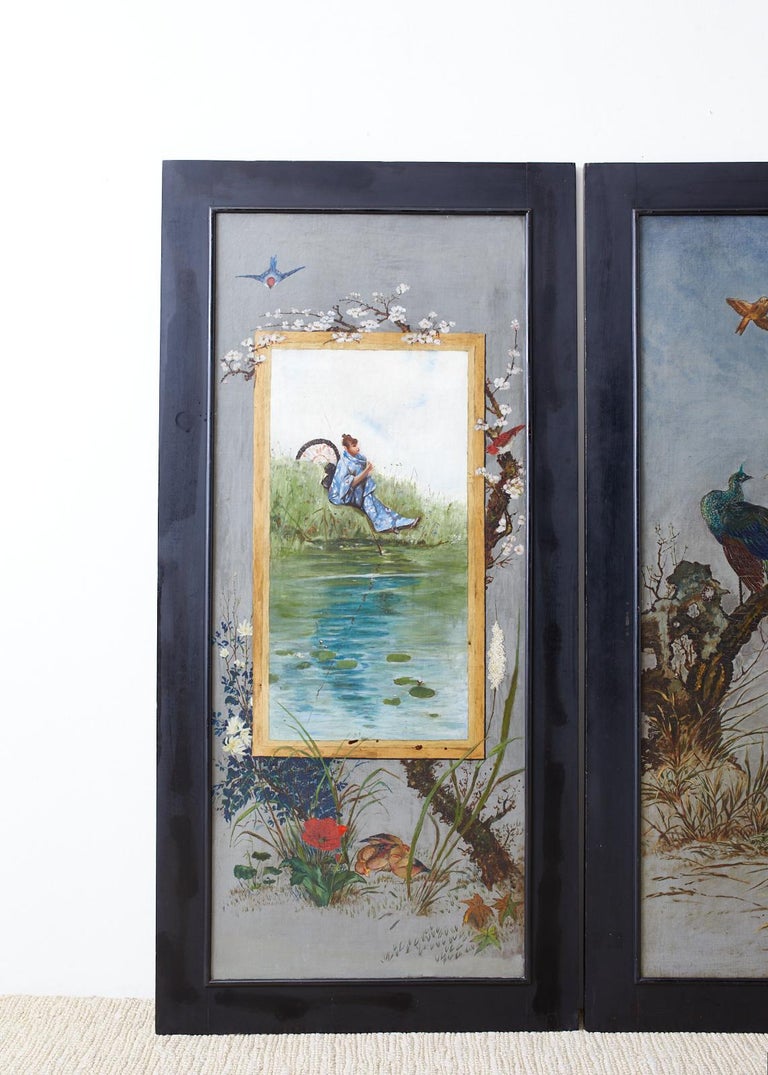 Magnificent set of three French oil on canvas paintings made in the chinoiserie revival period of 19th century, Europe. The center painting features a large peacock in a tree above a pair of roosters with grasses, and foliage. The outer two panels