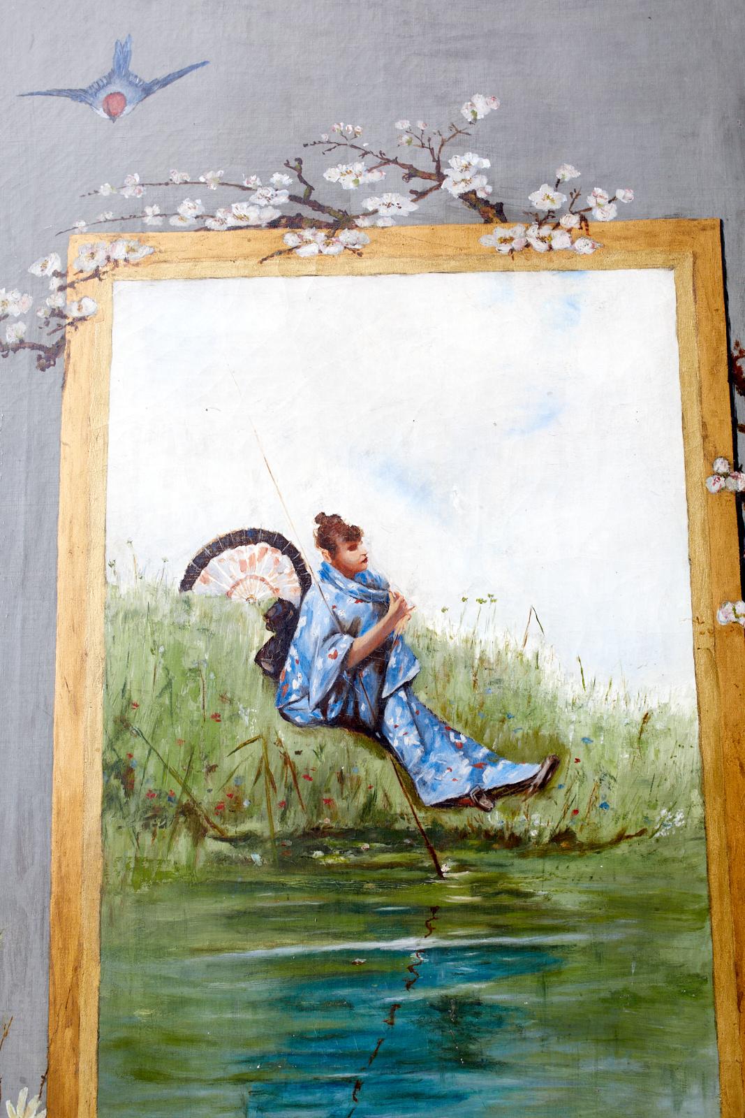 XIX secolo Set di tre dipinti su tela incorniciati in stile Chinoiserie francese in vendita
