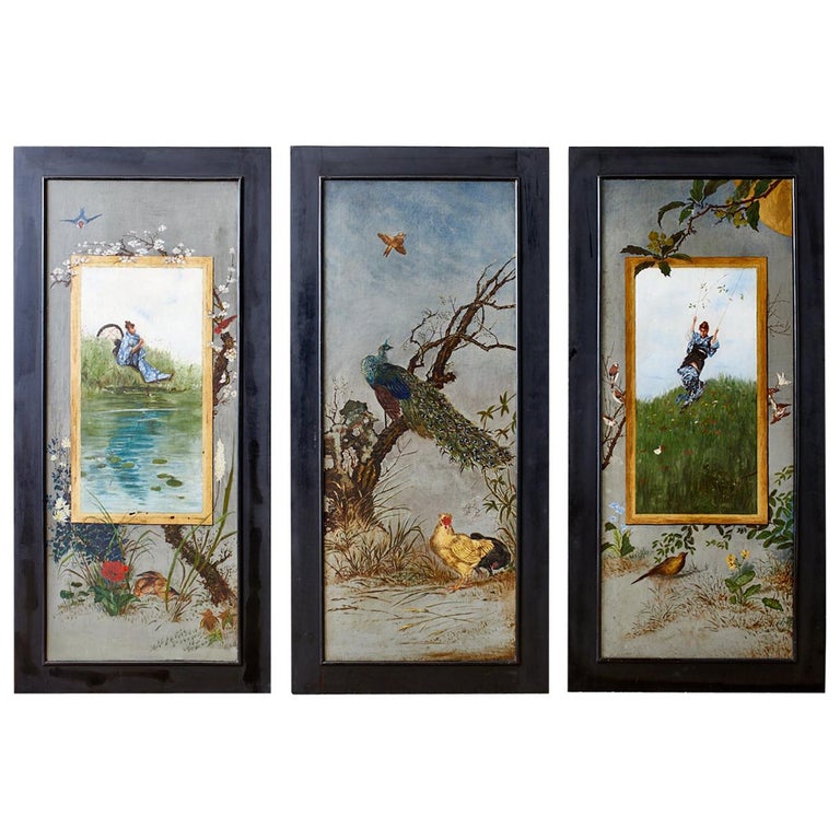 Set of Three French Chinoiserie Framed Canvas Paintings For Sale