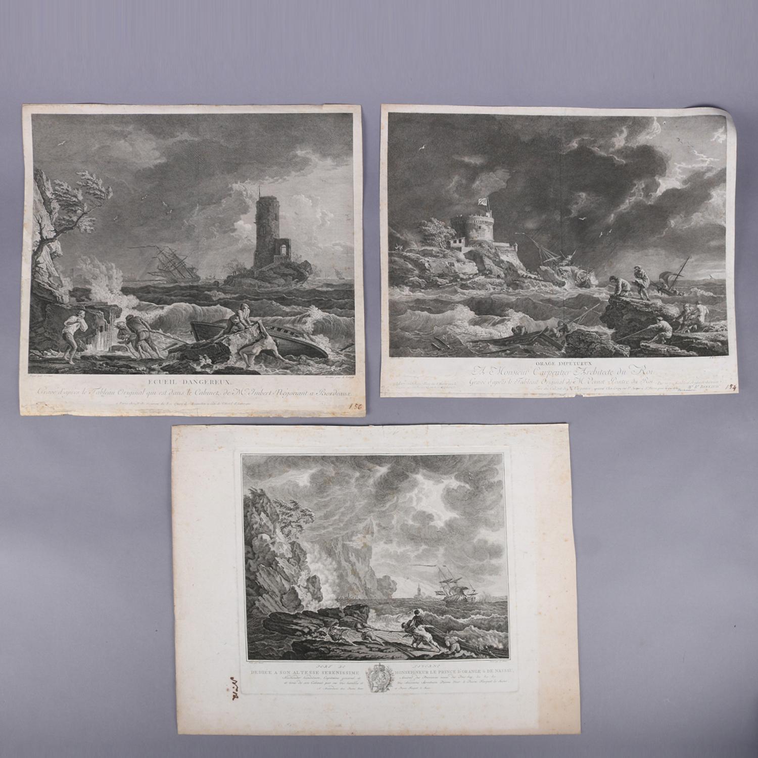 Set of Three French Empire Maritime Etchings of Ships in Rough Seas, circa 1890 8