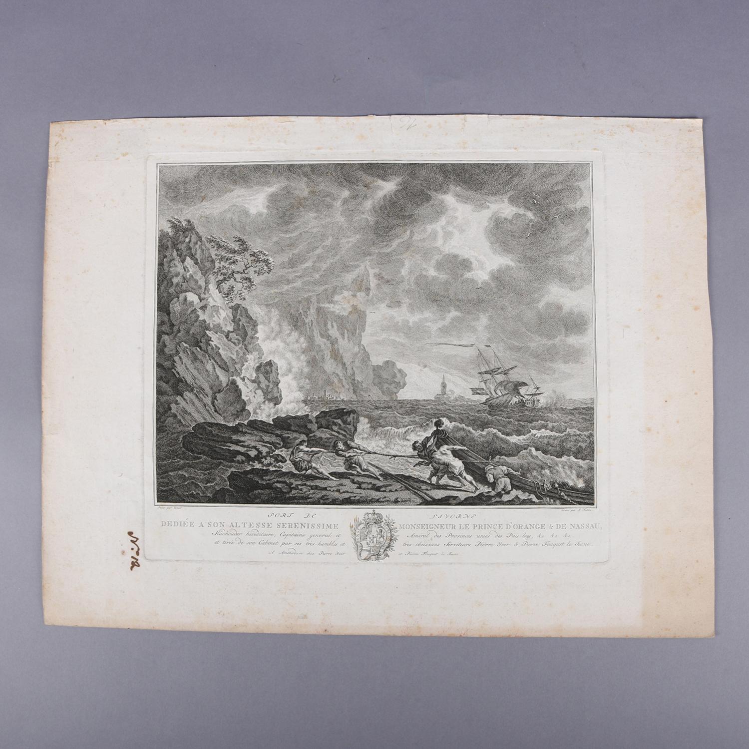 Set of three French Empire etchings depicting shipwrecks in rough seas include 