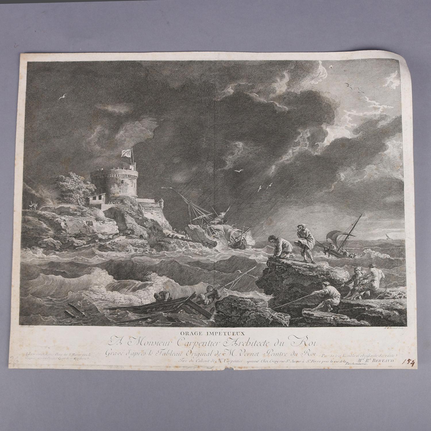 Set of Three French Empire Maritime Etchings of Ships in Rough Seas, circa 1890 In Good Condition In Big Flats, NY