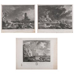 Set of Three French Empire Maritime Etchings of Ships in Rough Seas, circa 1890