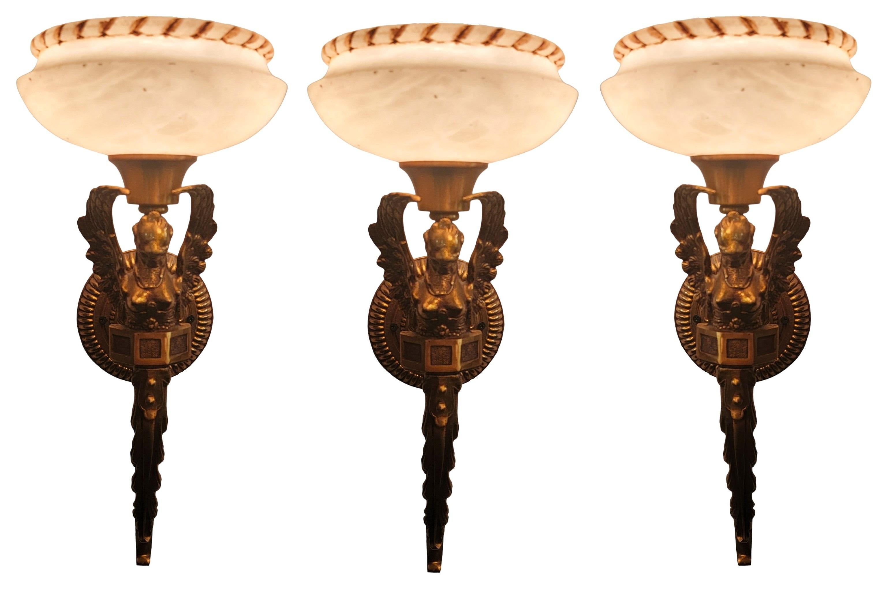 Set of Three French Empire Bronze And Alabaster Sconces measures approx - 20h x 8w x 10d
