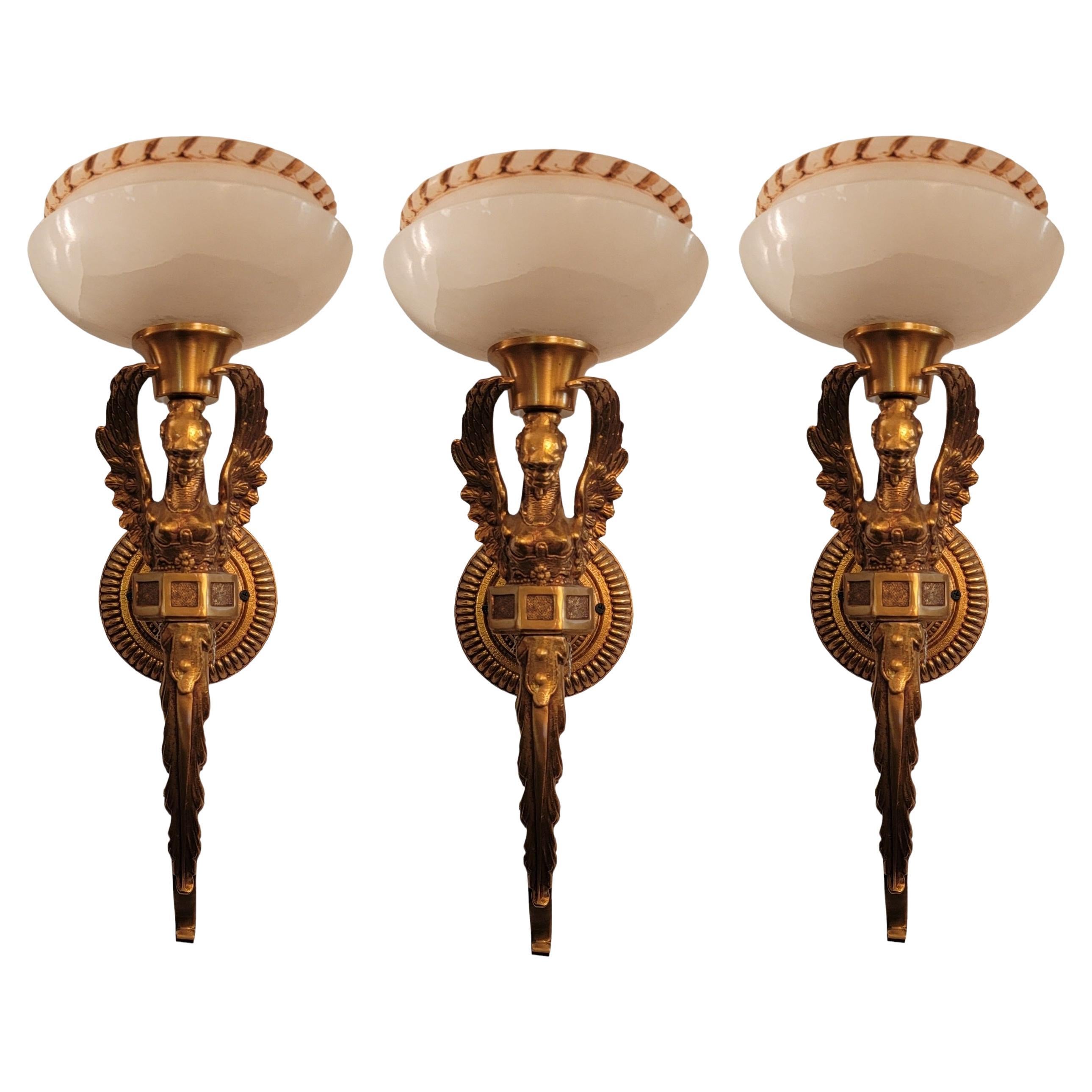 Set of Three French Emprire Bronze and Alabaster Sconces For Sale