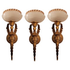 Vintage Set of Three French Emprire Bronze and Alabaster Sconces