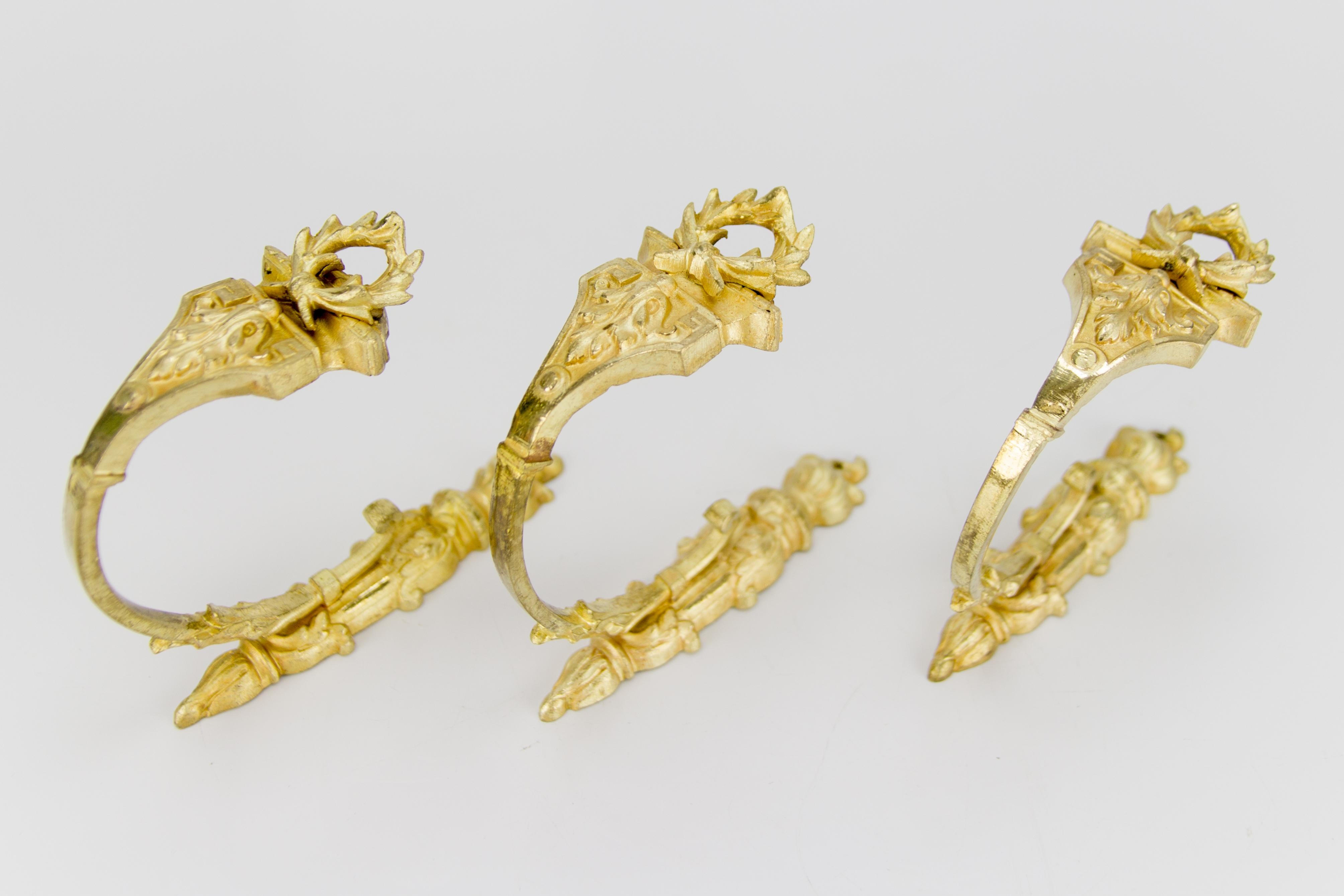 19th Century French Gilt Bronze Curtain Tiebacks or Curtain Holders Signed A.D., Set of 3 For Sale