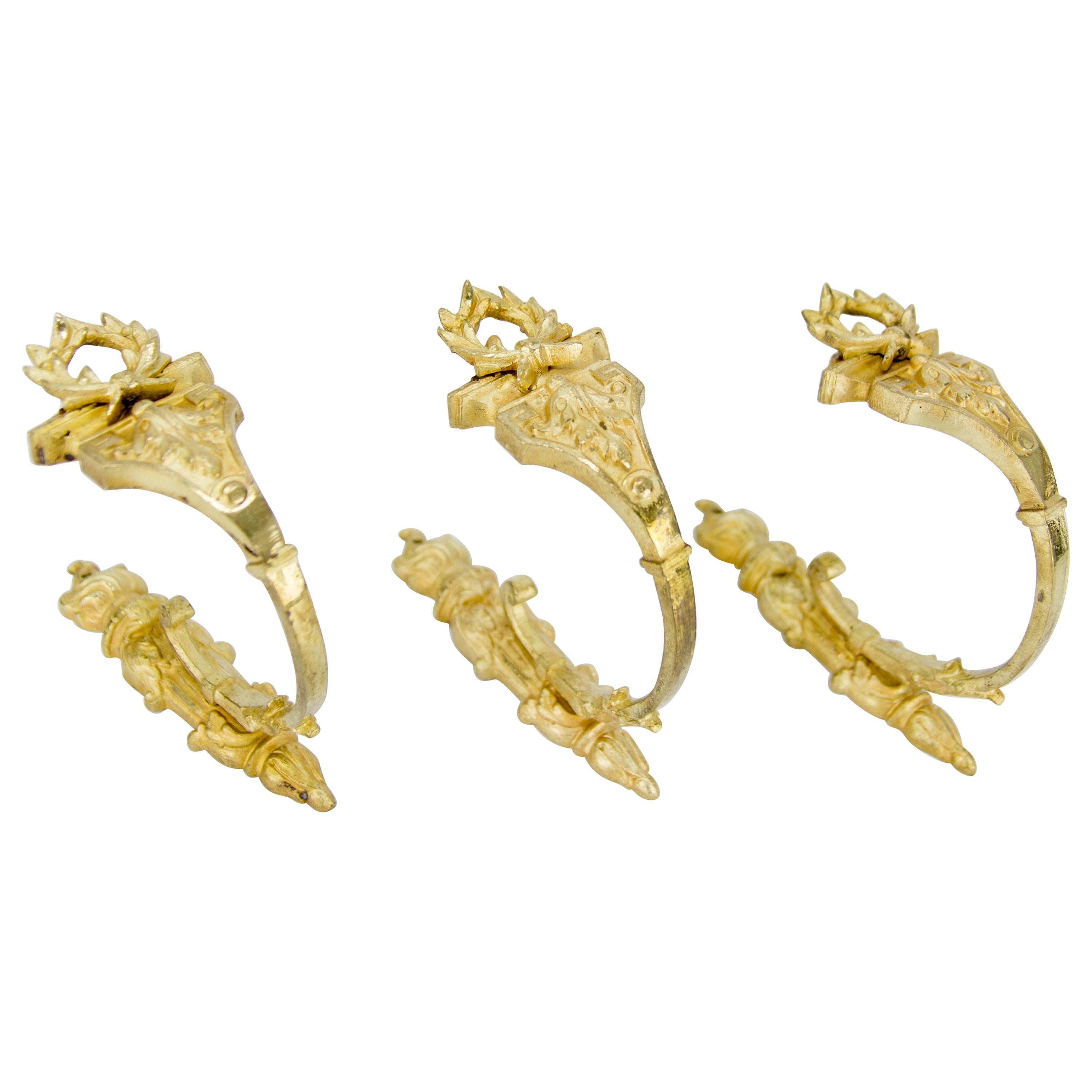 French Gilt Bronze Curtain Tiebacks or Curtain Holders Signed A.D., Set of 3 For Sale