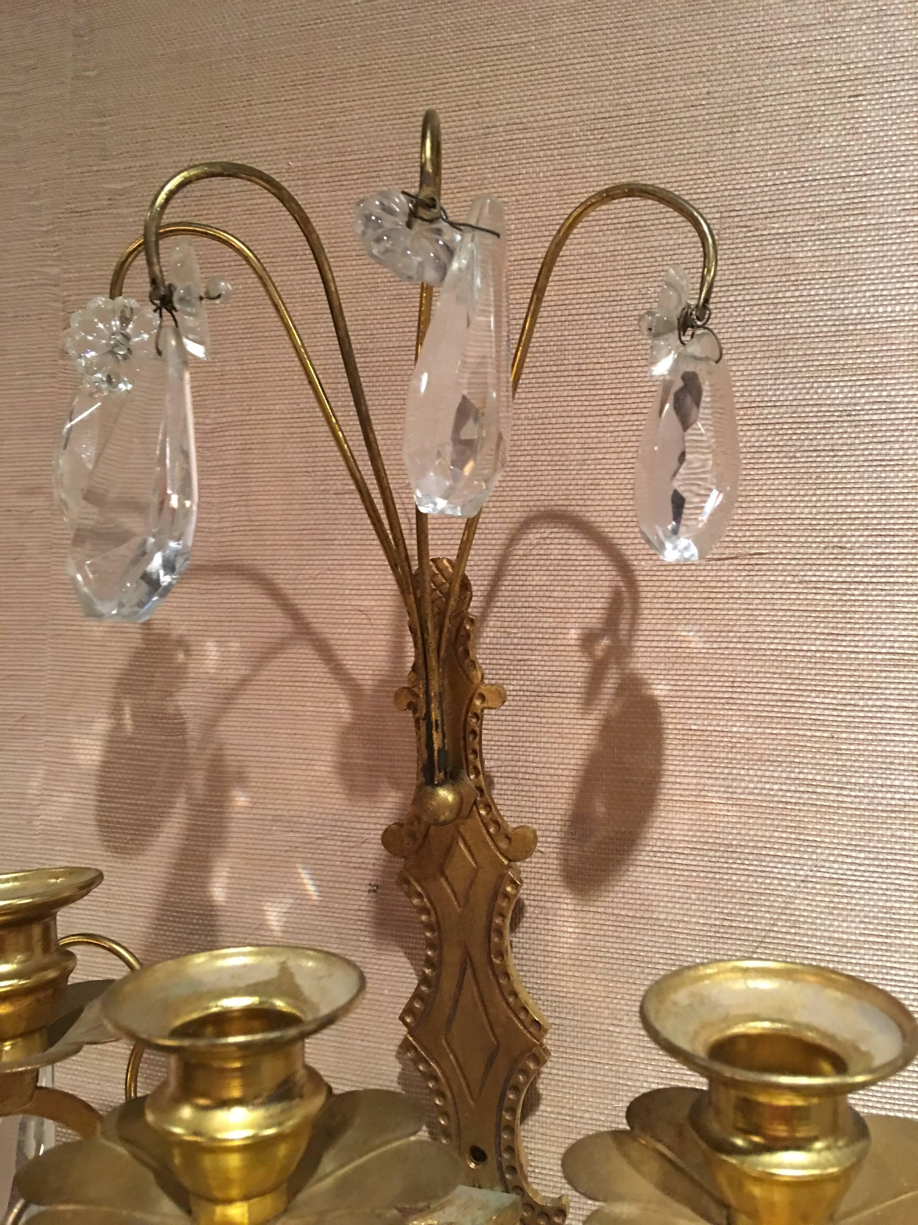 Set of Three French Gilt Metal and Crystal Sconces, 19th Century In Good Condition In Savannah, GA
