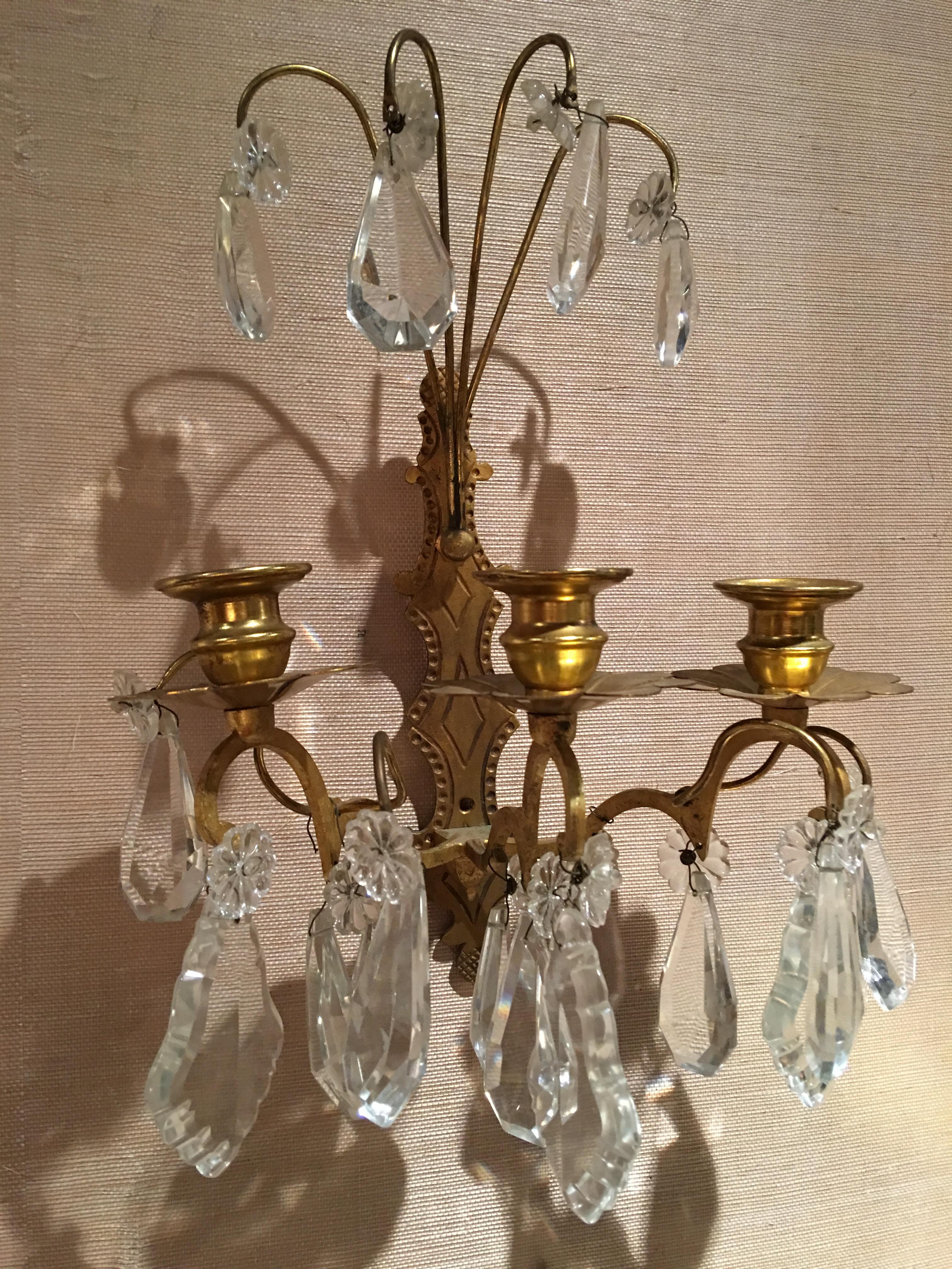 Set of Three French Gilt Metal and Crystal Sconces, 19th Century 3