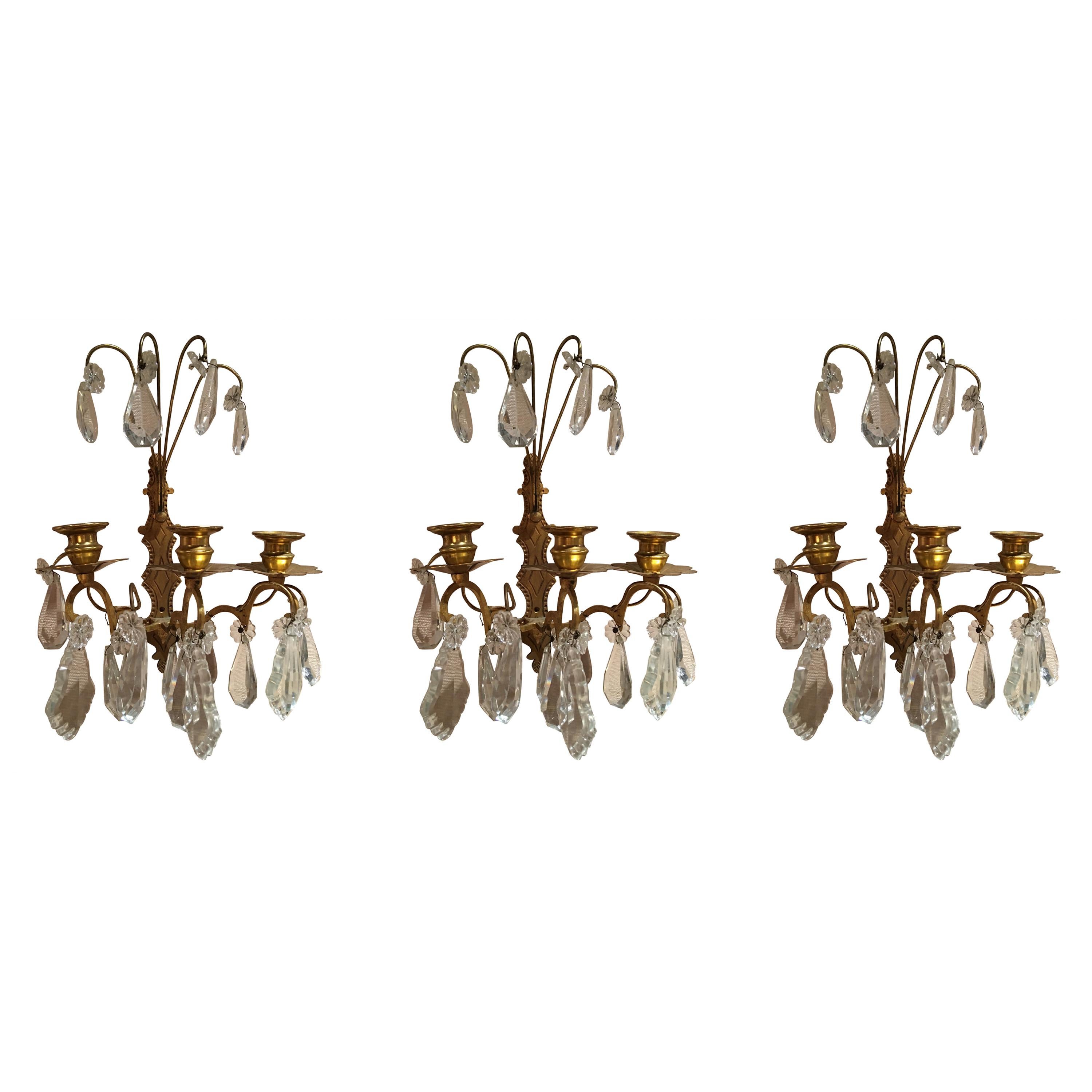 Set of Three French Gilt Metal and Crystal Sconces, 19th Century